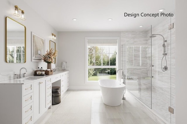 5109 Genesta Ave, Encino, CA 91316 - full bathroom with a soaking tub, double vanity, a stall shower, and recessed lighting