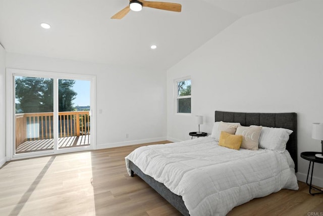 2858 Lehigh Ct, Oceanside, CA 92056 - bedroom with access to outside, light wood-style flooring, lofted ceiling, baseboards, and recessed lighting