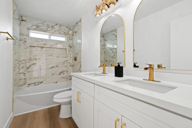 2858 Lehigh Ct, Oceanside, CA 92056 - full bathroom with toilet, double vanity, shower / washtub combination, and wood finished floors