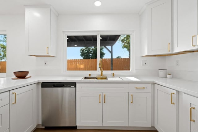 2858 Lehigh Ct, Oceanside, CA 92056 - kitchen with dishwasher, a sink, white cabinets, light countertops, and recessed lighting