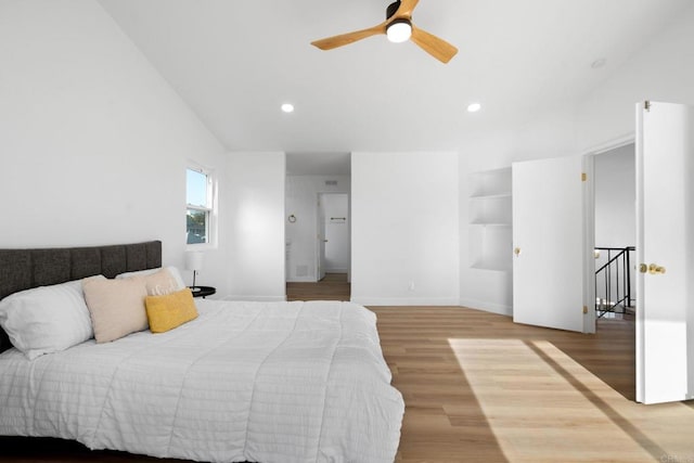 2858 Lehigh Ct, Oceanside, CA 92056 - bedroom featuring lofted ceiling, wood finished floors, baseboards, recessed lighting, and a ceiling fan