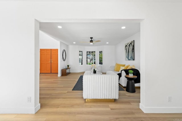 2858 Lehigh Ct, Oceanside, CA 92056 - living room featuring a ceiling fan, recessed lighting, light wood-style floors, and baseboards