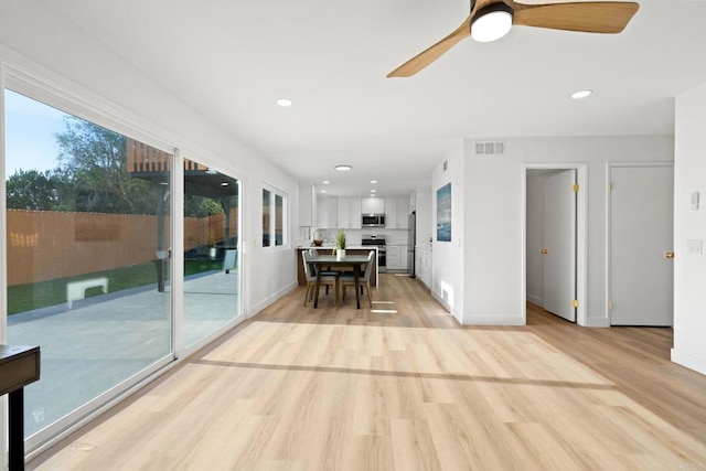 2858 Lehigh Ct, Oceanside, CA 92056 - dining space featuring light wood finished floors, ceiling fan, recessed lighting, and baseboards