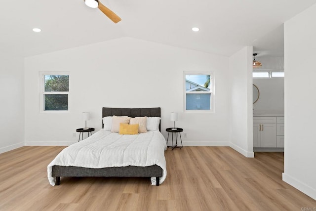 2858 Lehigh Ct, Oceanside, CA 92056 - bedroom featuring light wood finished floors, lofted ceiling, baseboards, ensuite bathroom, and recessed lighting
