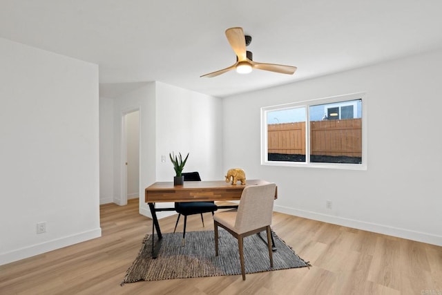 2858 Lehigh Ct, Oceanside, CA 92056 - home office with light wood finished floors, baseboards, and a ceiling fan