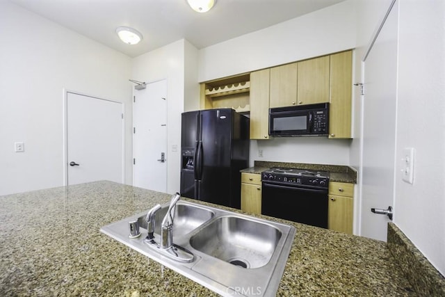 388 E Ocean Blvd Unit 1401, Long Beach, CA 90802 - kitchen featuring black appliances, a sink, open shelves, and dark stone counters