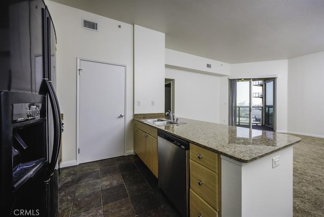 388 E Ocean Blvd Unit 1401, Long Beach, CA 90802 - kitchen with dishwasher, a sink, black fridge with ice dispenser, a peninsula, and baseboards