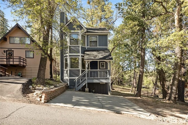 33133 Ridge Rd, Arrowbear, CA 92382 - rustic home featuring a chimney and stairs