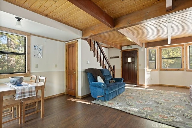 33133 Ridge Rd, Arrowbear, CA 92382 - living room featuring wooden ceiling with exposed beams, plenty of natural light, wood finished floors, and baseboards