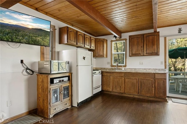 33133 Ridge Rd, Arrowbear, CA 92382 - kitchen featuring wooden ceiling with exposed beams, white appliances, a sink, dark wood-type flooring, and brown cabinets