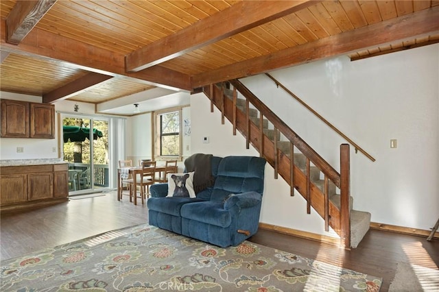 33133 Ridge Rd, Arrowbear, CA 92382 - living room with wood finished floors, wooden ceiling with exposed beams, and stairs