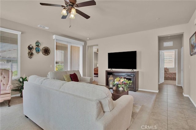 11156 Camden St, Apple Valley, CA 92308 - living area with ceiling fan, healthy amount of natural light, baseboards, and light tile patterned floors