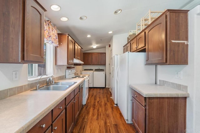 133 Frances Dr, El Cajon, CA 92019 - kitchen with independent washer and dryer, white appliances, a sink, dark wood finished floors, and under cabinet range hood