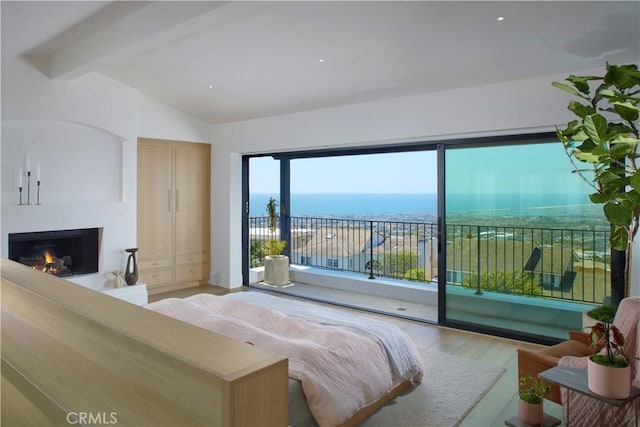 17 Muir Beach Cir, Corona Del Mar, CA 92625 - bedroom featuring access to exterior, wood finished floors, and a warm lit fireplace