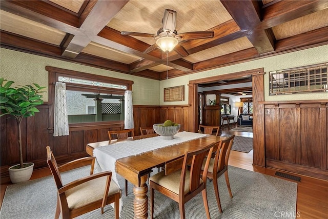 4039 W 7th St, Los Angeles, CA 90005 - dining area with coffered ceiling, a ceiling fan, wood finished floors, a wainscoted wall, and beam ceiling