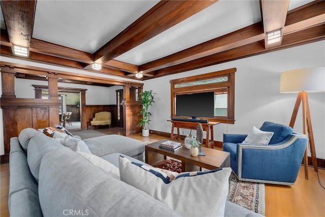 4039 W 7th St, Los Angeles, CA 90005 - living area with beamed ceiling, wood finished floors, ornate columns, and coffered ceiling