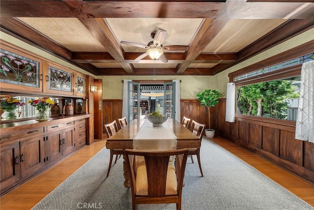 4039 W 7th St, Los Angeles, CA 90005 - dining area with a ceiling fan, coffered ceiling, light wood-style floors, a wainscoted wall, and wooden walls