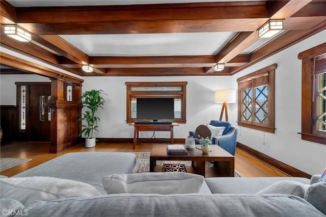 4039 W 7th St, Los Angeles, CA 90005 - living room with beam ceiling, baseboards, wood finished floors, and coffered ceiling