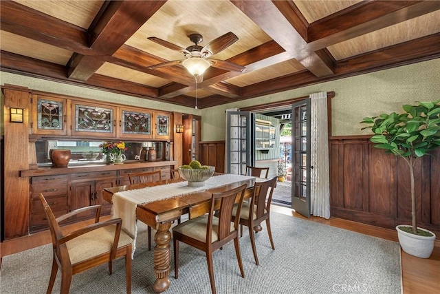 4039 W 7th St, Los Angeles, CA 90005 - dining area featuring coffered ceiling, light wood-style floors, wainscoting, a ceiling fan, and a wooden ceiling with exposed beams