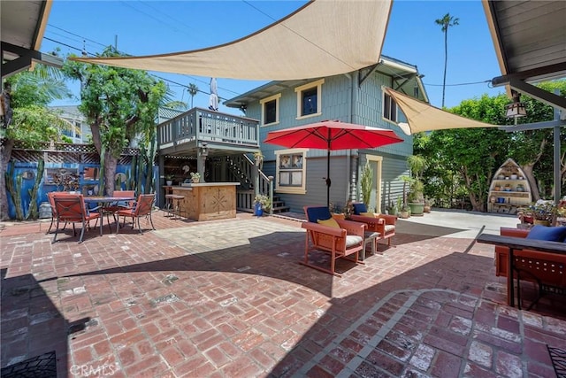 4039 W 7th St, Los Angeles, CA 90005 - view of patio / terrace featuring stairs, outdoor dining area, and a deck