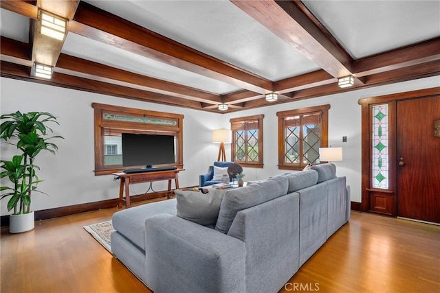 4039 W 7th St, Los Angeles, CA 90005 - living area featuring beamed ceiling and wood finished floors