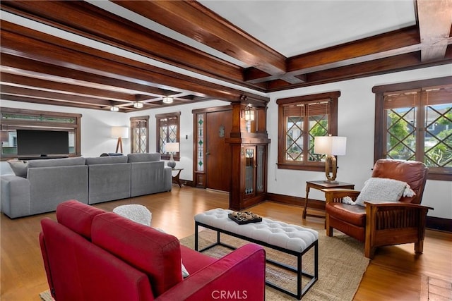 4039 W 7th St, Los Angeles, CA 90005 - living area featuring wood finished floors, beamed ceiling, baseboards, and ceiling fan