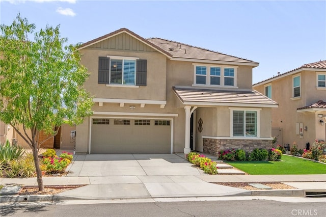 11757 Stonefield Dr, Corona, CA 92883 - traditional-style home with a garage, driveway, stucco siding, stone siding, and a tile roof