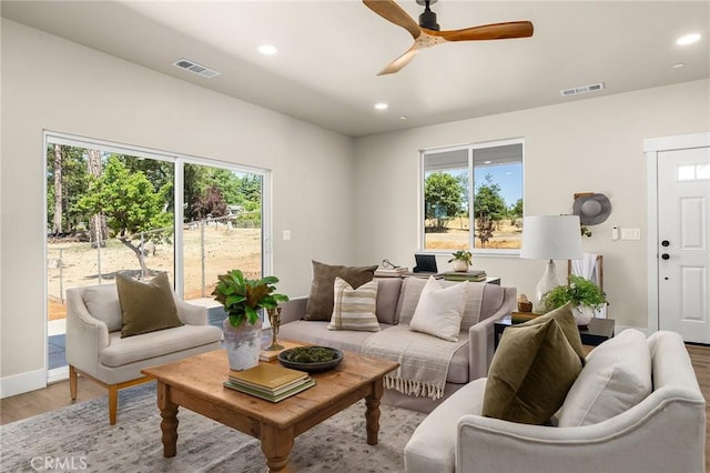 5863 Kibler Rd, Paradise, CA 95969 - living room featuring light wood-type flooring, recessed lighting, ceiling fan, and baseboards