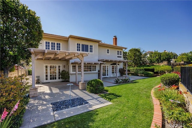 23552 Campestre, Mission Viejo, CA 92691 - rear view of property with french doors, a pergola, a patio area, a chimney, and stucco siding
