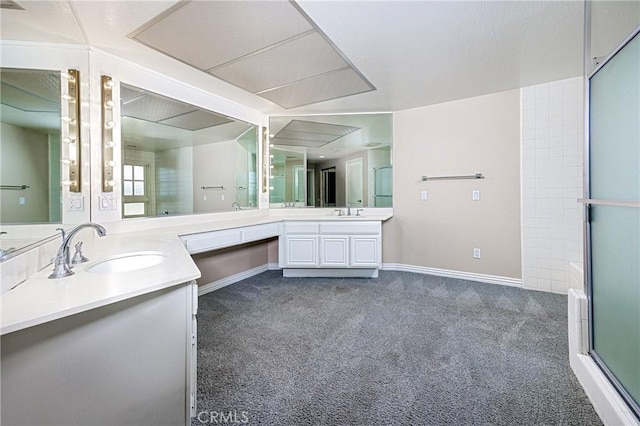 23552 Campestre, Mission Viejo, CA 92691 - bathroom with double vanity, carpet floors, and a shower with shower door