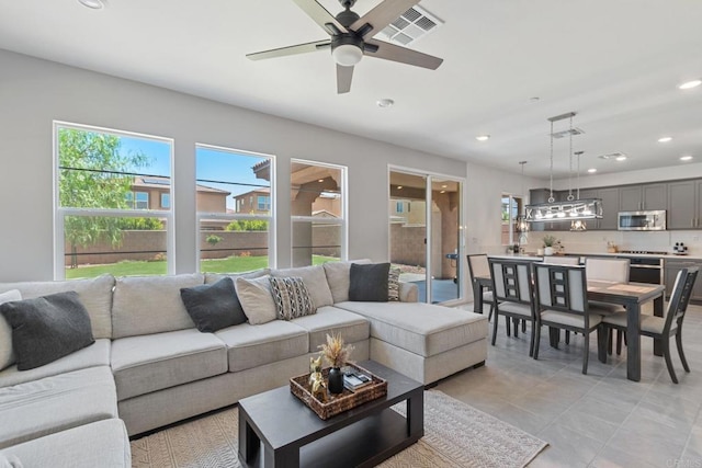 35404 Domani Dr, Palm Desert, CA 92211 - living room featuring a ceiling fan, recessed lighting, and light tile patterned flooring