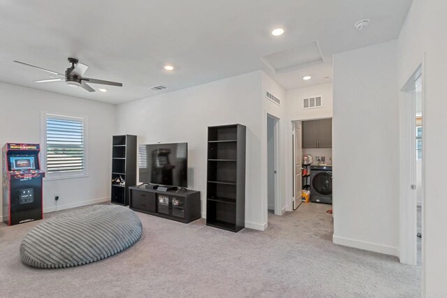 35404 Domani Dr, Palm Desert, CA 92211 - living room with attic access, light carpet, a ceiling fan, and recessed lighting