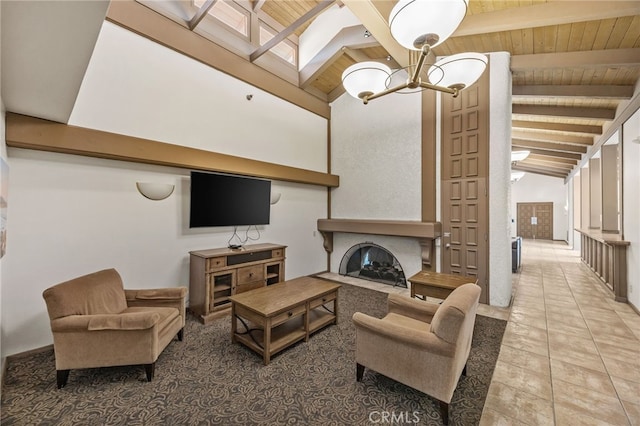 5359 Algarrobo Unit 1A, Laguna Woods, CA 92637 - tiled living area featuring wooden ceiling and a chandelier