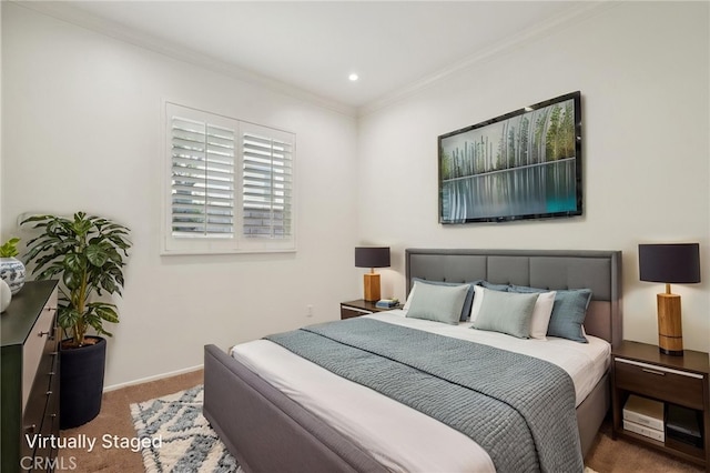 28523 Santa Catarina Rd, Saugus, CA 91350 - bedroom featuring carpet flooring, crown molding, baseboards, and recessed lighting