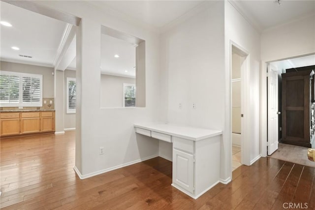 28523 Santa Catarina Rd, Saugus, CA 91350 - corridor featuring ornamental molding, hardwood / wood-style flooring, a desk, baseboards, and recessed lighting