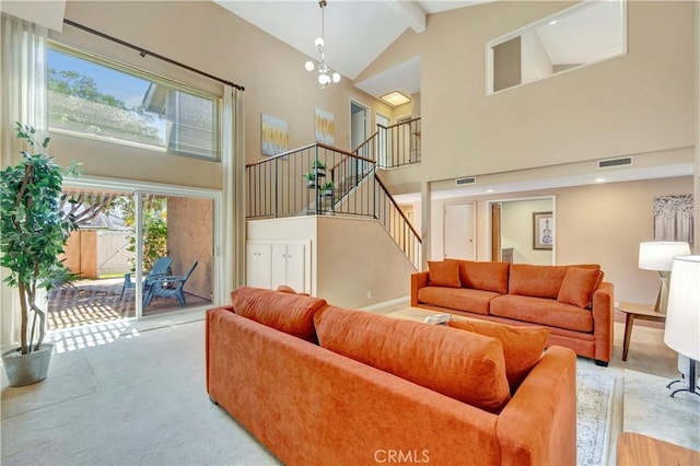 14096 Baker St, Westminster, CA 92683 - living area featuring high vaulted ceiling, stairway, carpet floors, and beam ceiling