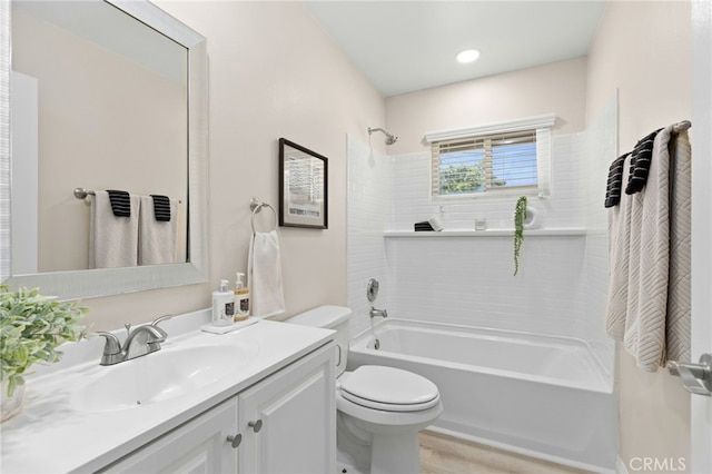 26331 Foxgrove Rd, Menifee, CA 92586 - full bath with vanity, toilet, shower / bathtub combination, and wood finished floors
