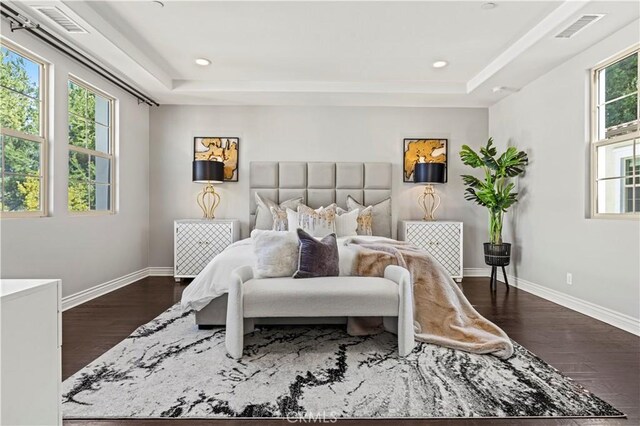 51 Dunmore, Irvine, CA 92620 - bedroom with dark wood finished floors, baseboards, a raised ceiling, and recessed lighting