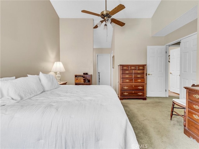 23403 Via Castanet, Valencia, CA 91355 - bedroom with carpet floors, vaulted ceiling, and a ceiling fan
