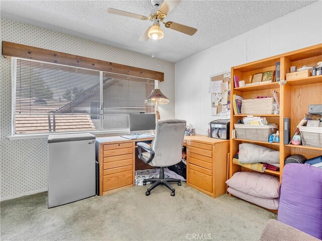 23403 Via Castanet, Valencia, CA 91355 - office with light carpet, a ceiling fan, a textured ceiling, and wallpapered walls