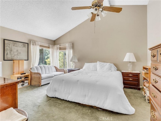 23403 Via Castanet, Valencia, CA 91355 - bedroom featuring light colored carpet, lofted ceiling, a textured ceiling, and ceiling fan