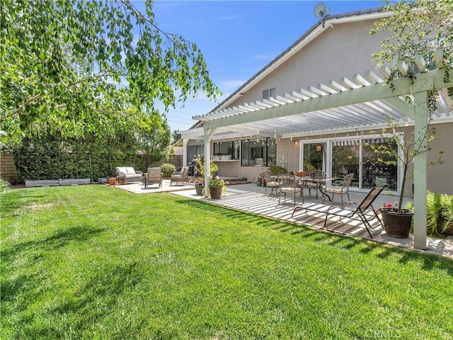 23403 Via Castanet, Valencia, CA 91355 - view of green lawn featuring a pergola, a patio area, and an outdoor living space