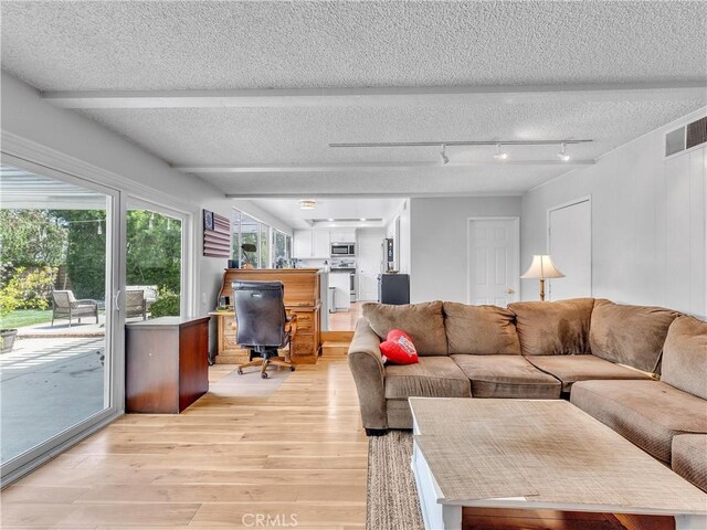 23403 Via Castanet, Valencia, CA 91355 - living room with light wood-style floors, a textured ceiling, and a desk