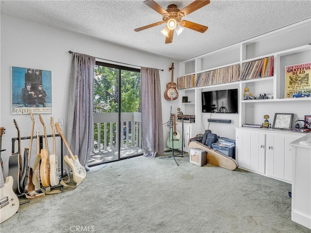 23403 Via Castanet, Valencia, CA 91355 - carpeted living room featuring a textured ceiling and ceiling fan