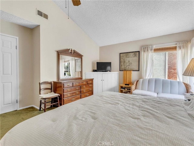 23403 Via Castanet, Valencia, CA 91355 - bedroom featuring vaulted ceiling, carpet, a textured ceiling, ceiling fan, and baseboards