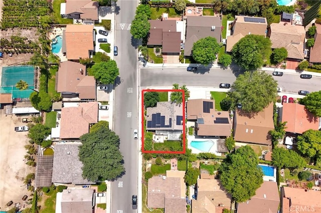 23403 Via Castanet, Valencia, CA 91355 - aerial view of residential area featuring a pool area and property parcel outlined