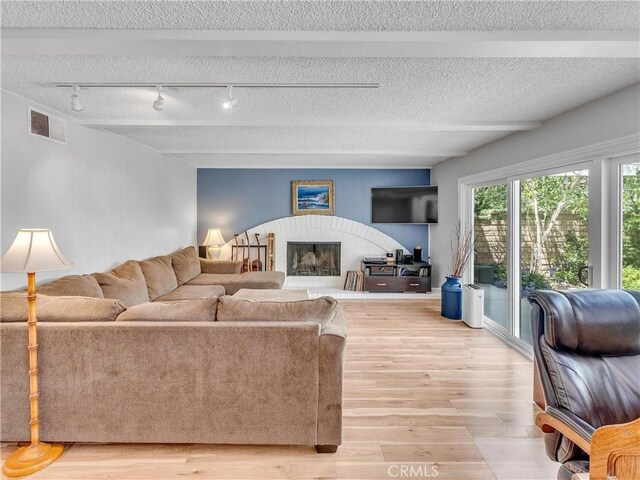23403 Via Castanet, Valencia, CA 91355 - living room featuring light wood-style floors, track lighting, and a fireplace