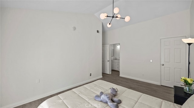 10133 Shinon Dr, Rancho Cucamonga, CA 91737 - unfurnished bedroom featuring a chandelier, wood finished floors, high vaulted ceiling, and baseboards