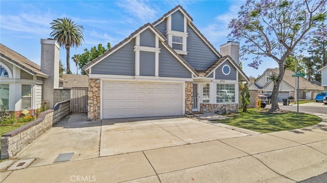 10133 Shinon Dr, Rancho Cucamonga, CA 91737 - traditional-style home featuring stone siding, concrete driveway, and a chimney