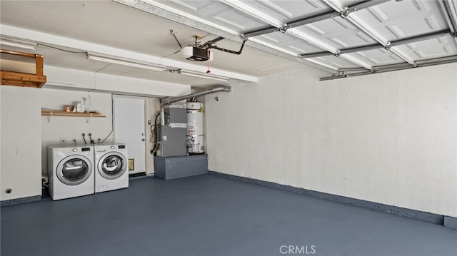 10133 Shinon Dr, Rancho Cucamonga, CA 91737 - garage with washer and dryer, a garage door opener, secured water heater, and heating unit